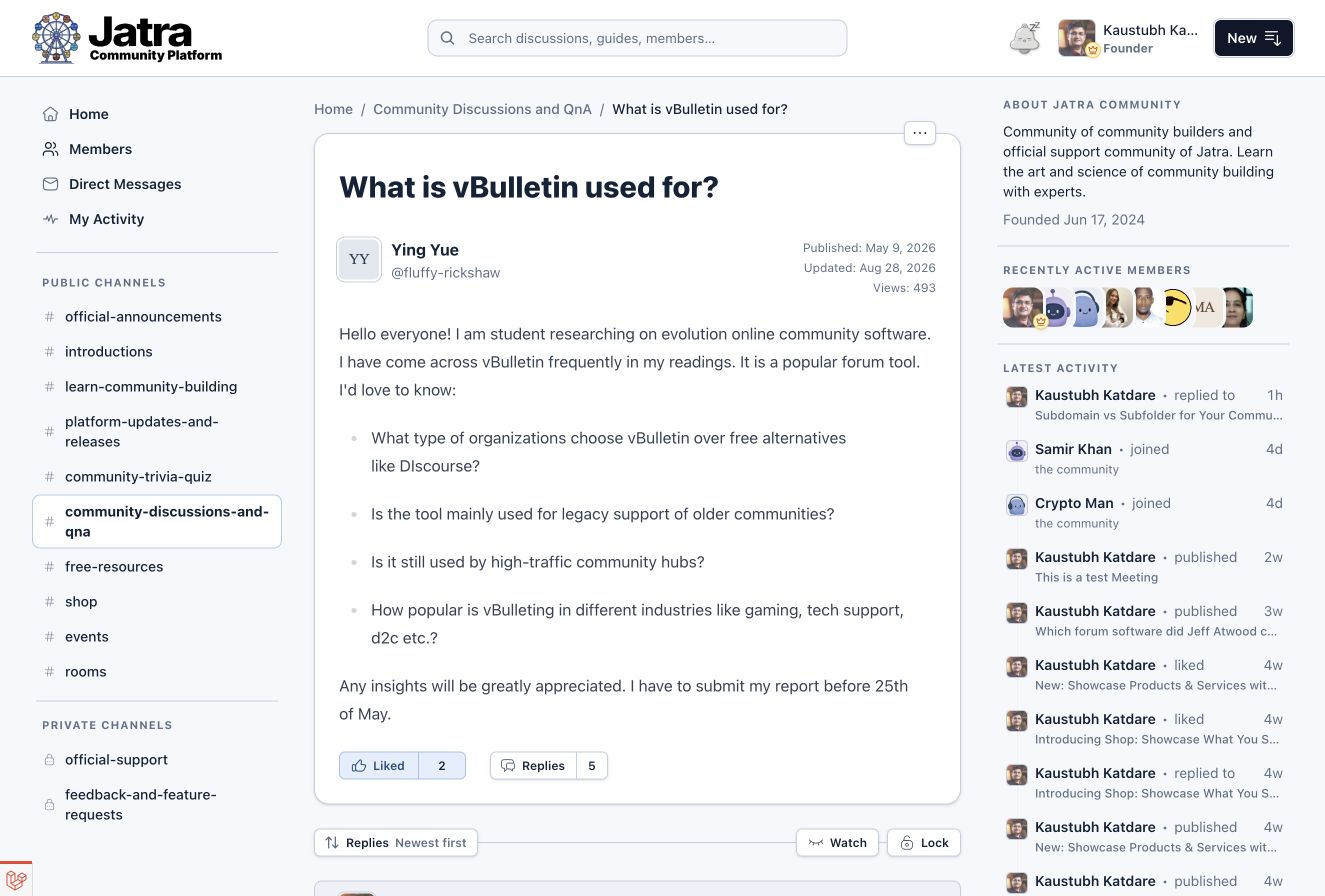 A public discussion showing its question, author and reply controls.